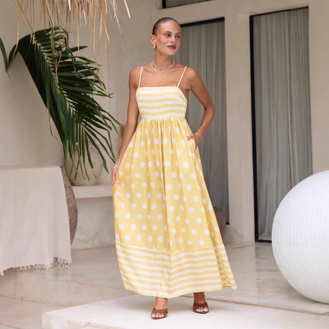 Robe longue femme – Coupe évasée – Coton – Bretelles fines – À motifs avec poches