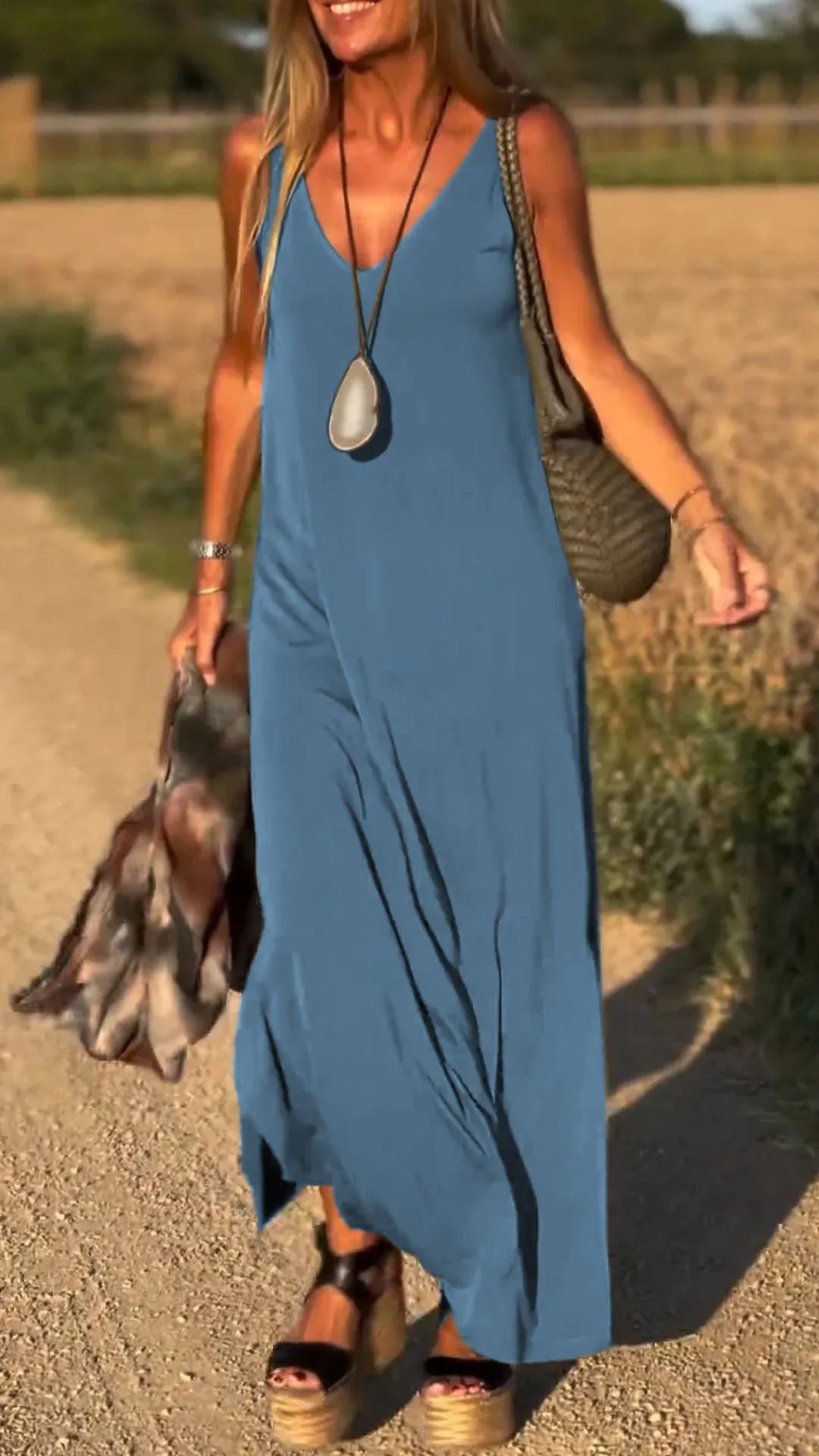 Robe longue femme – Coupe décontractée – Bretelles fines