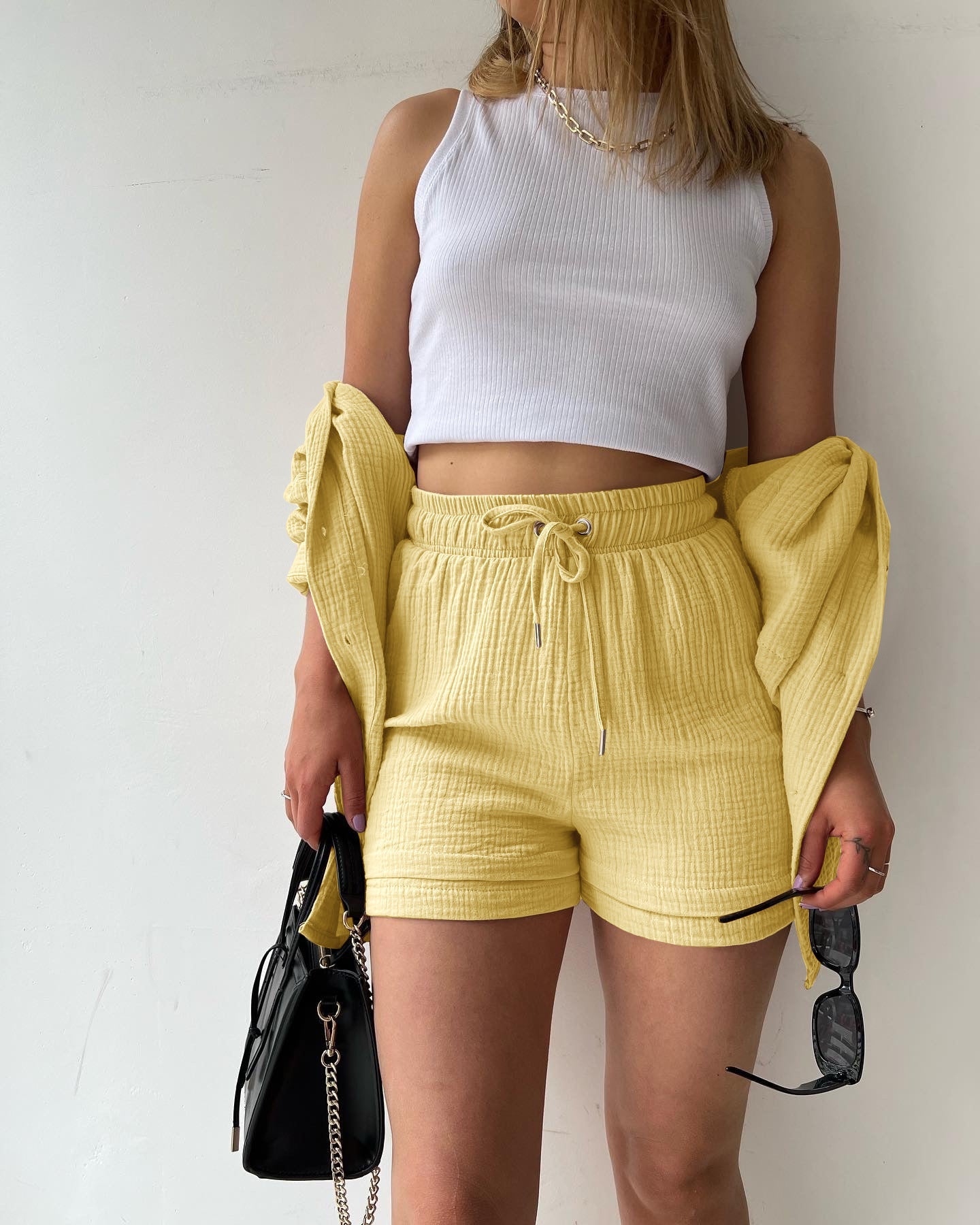 Ensemble short femme – Coupe décontractée – Chemise froissée – Taille haute avec cordon de serrage