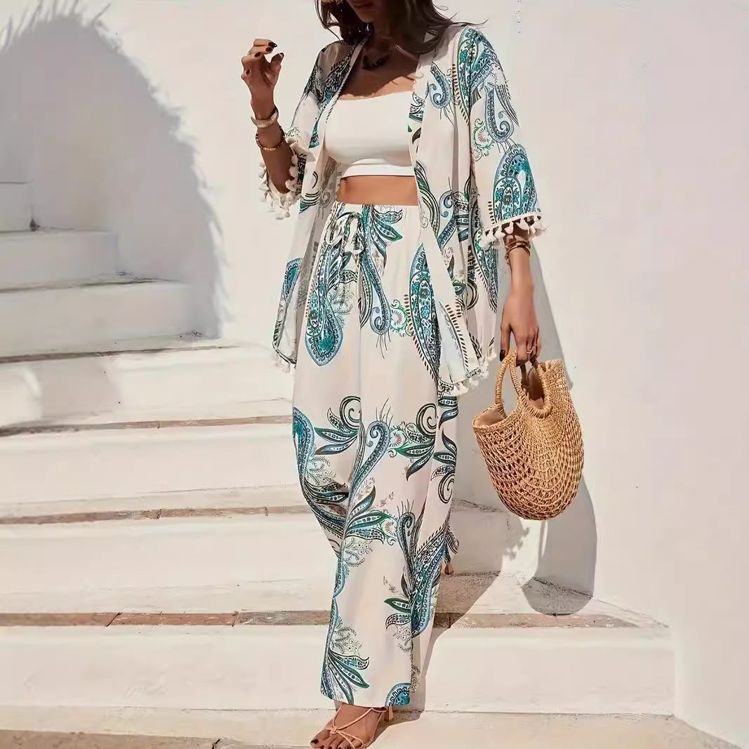 Ensemble kimono femme – Coupe ample – Pantalon large – Finition à franges – Tissu respirant