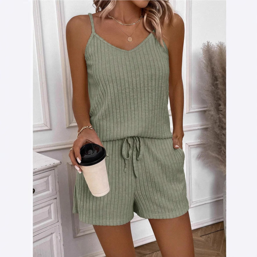 Ensemble de deux pièces Femme – Relaxed Fit – Col V – Bretelles Fines – Taille Ajustable – Maille Douce