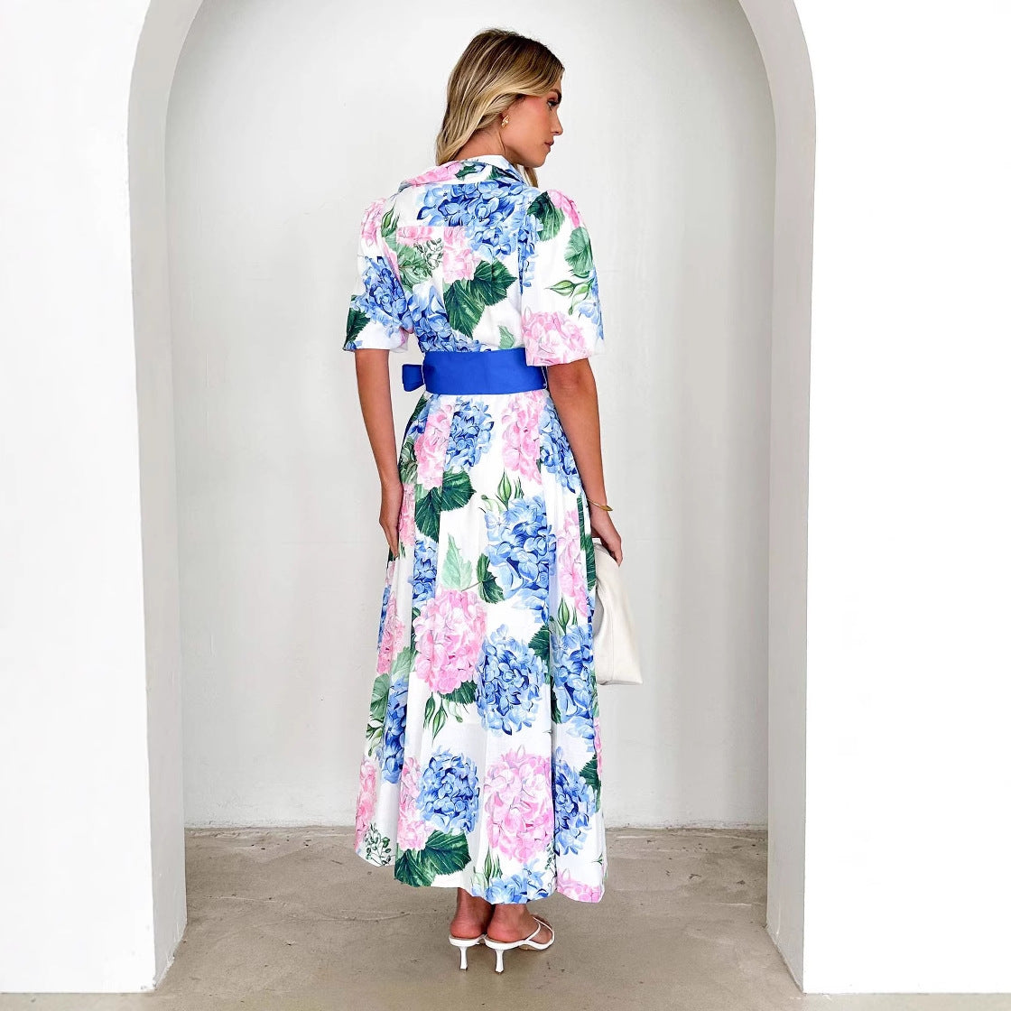 Robe maxi femme – Coupe évasée – Manches courtes – Imprimé fleuri – Ceinture ajustable