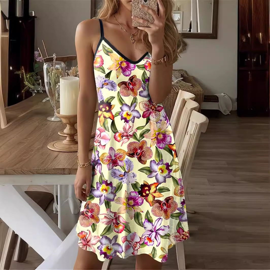 Robe courte femme – Coupe évasée – Bretelles fines – Col en V – Motif floral respirant