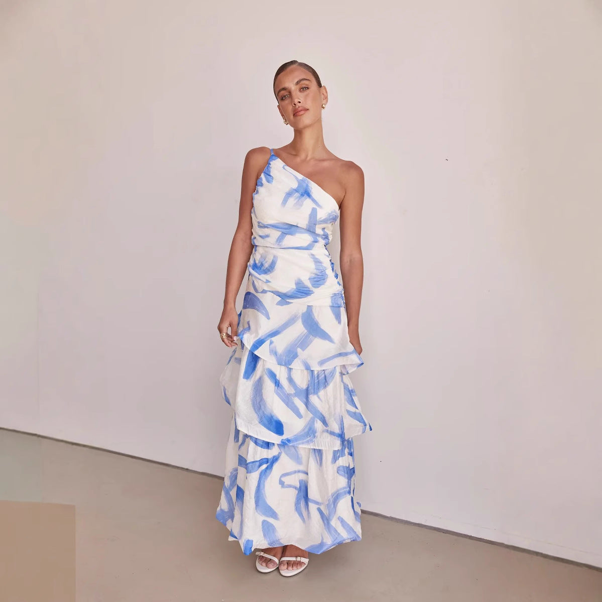 Robe longue femme – Asymétrique une épaule – Haut froncé – Jupe évasée à volants