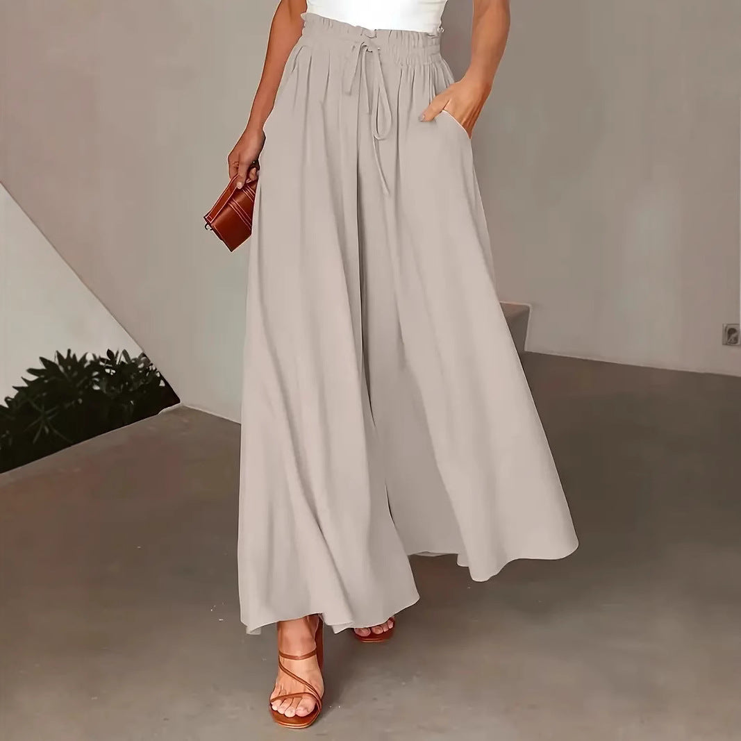 Pantalon large femme – Coupe fluide – Imprimé à pois – Taille cordon – Style décontracté