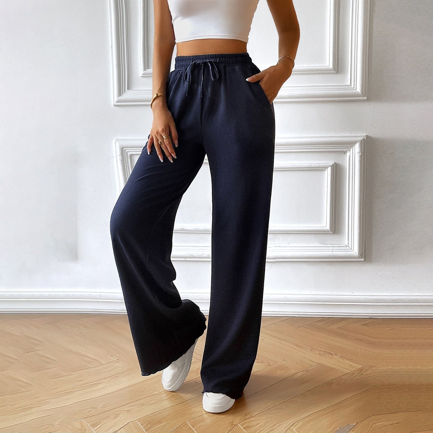 Pantalon large femme – Tissu léger et respirant – Taille élastique avec cordon – Poches côté