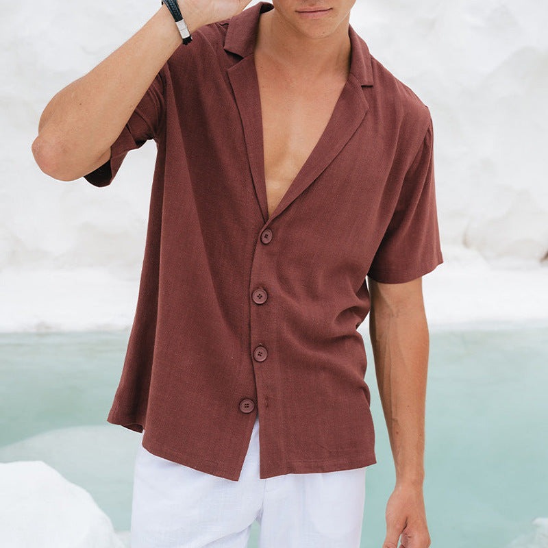 Chemise décontractée homme – Coupe ample – Col tailleur – Tissu respirant – Manches courtes