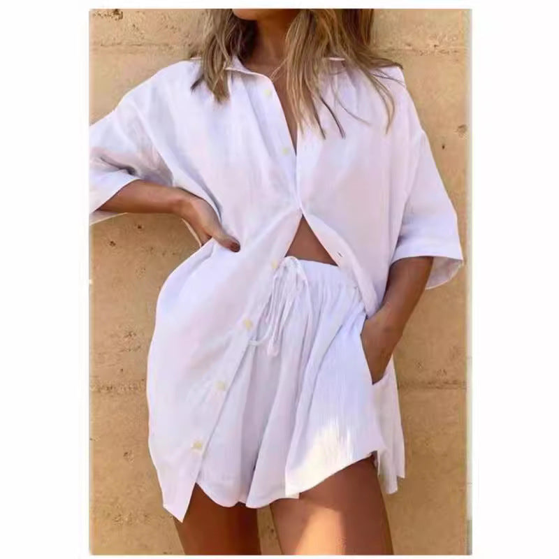 Chemise femme – Coupe oversize – Lin mélangé – Manches courtes – Style décontracté
