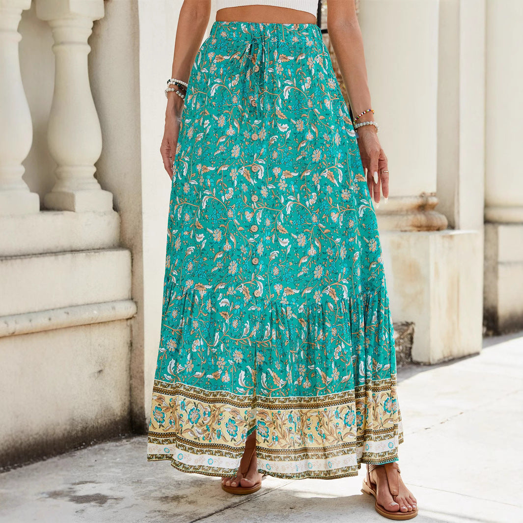 Jupe longue femme – Coupe fluide – Style bohème à volants – Imprimé floral – Fibres naturelles