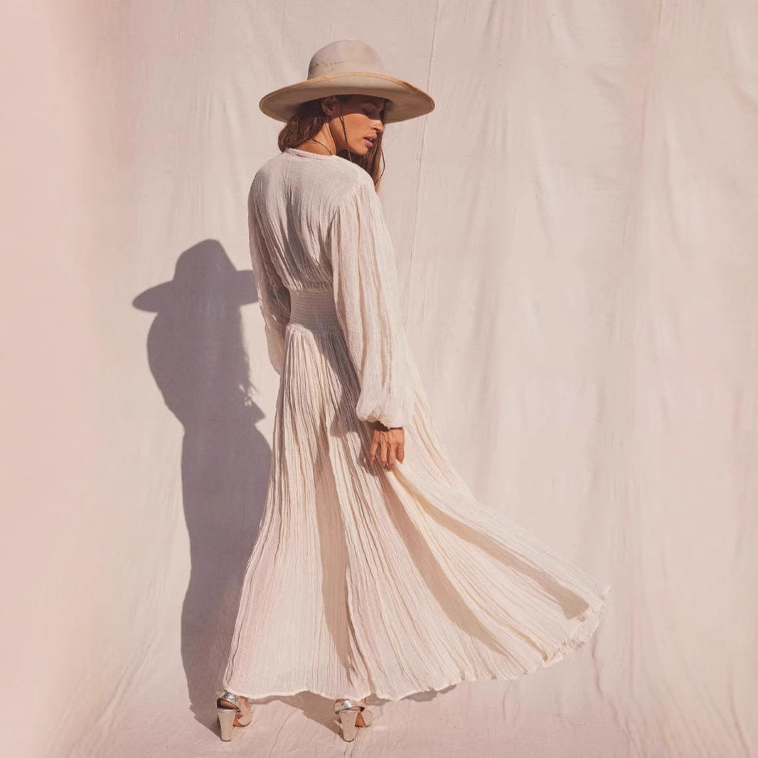 Robe de plage femme – coton – manches longues – fente haute – coupe fluide