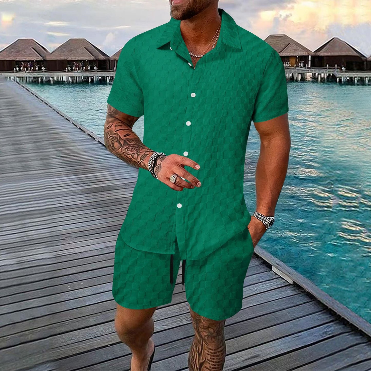 Ensemble homme deux pièces – Jacquard léger – Coupe décontractée – Chemise col à revers