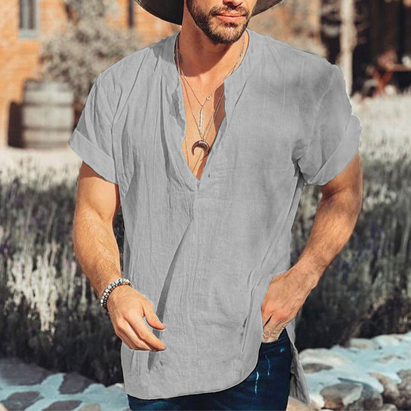 Chemise homme casual – Fibres naturelles – Coupe décontractée – Manches courtes – Col V