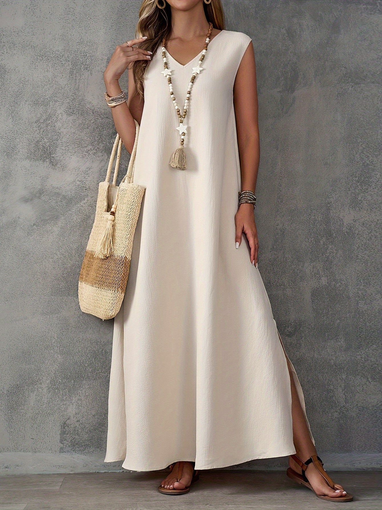 Robe longue femme – Coupe fluide – Décolleté en V – Sans manches – Coton