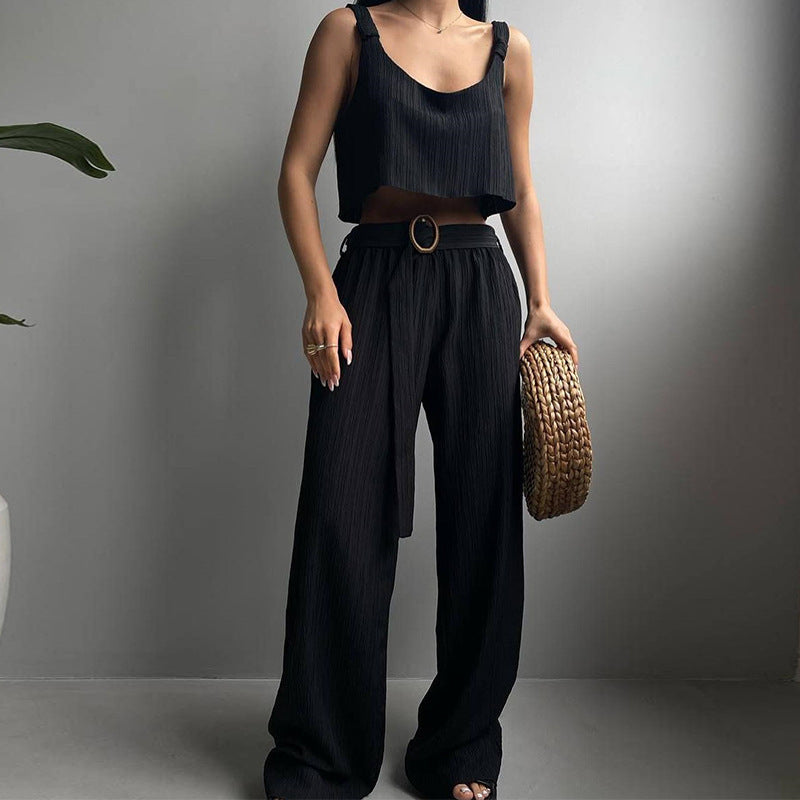Ensemble Femme Deux Pièces – Haut Court Bretelles Larges – Pantalon Taille Haute Coupe Large