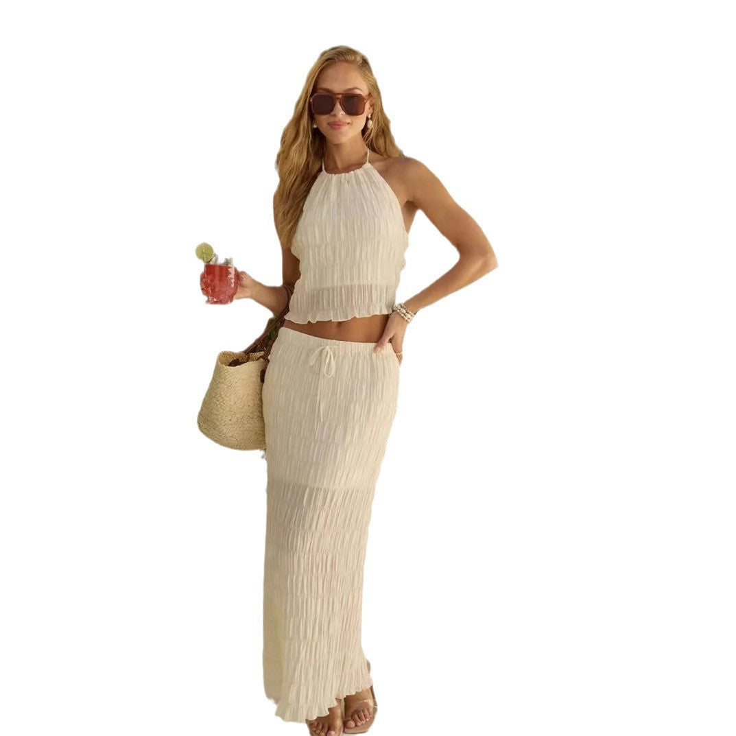 Top femme court – Col halter – Tissu plissé respirant – Ourlet volanté – Coupe ample