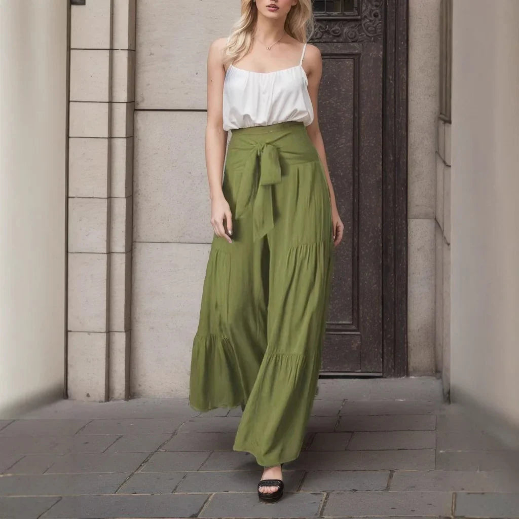 Pantalon large femme – fibres naturelles – taille haute nouée – style bohème fluide