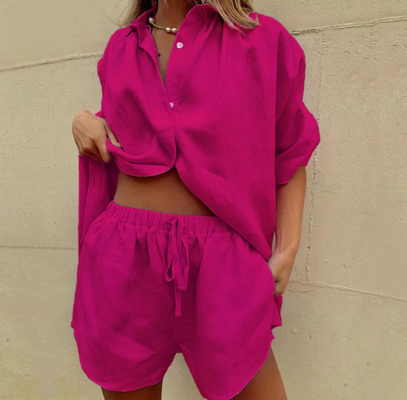 Ensemble Deux Pièces Femme – Lin Léger – Chemise Ample Boutonnée – Short Taille Haute