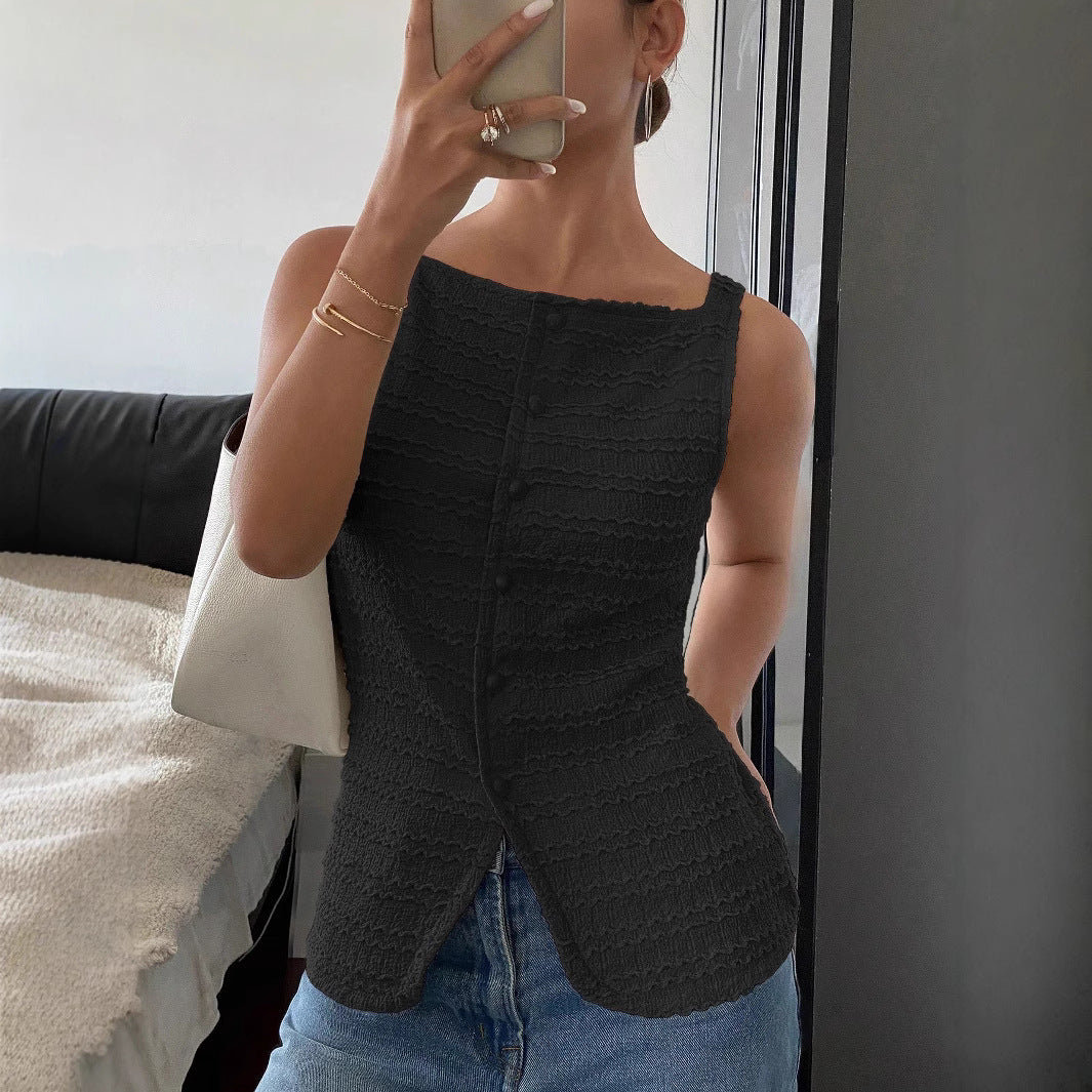 Débardeur Femme – Coupe Slim – Tissu Côtelé – Sans Manches – Détail Boutonné Devant