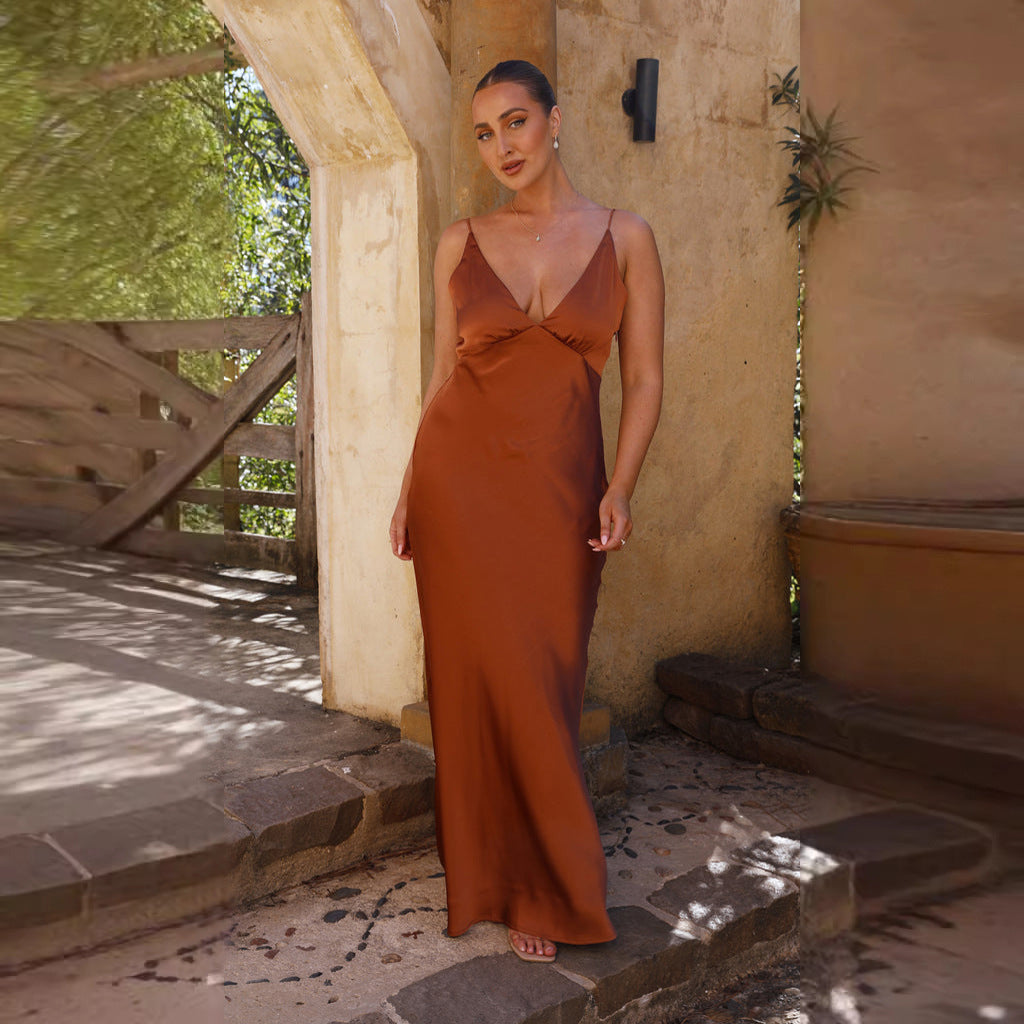 Robe de soirée femme – Satin lisse – Fendue – Sans manches – Dos nu – Décolleté V