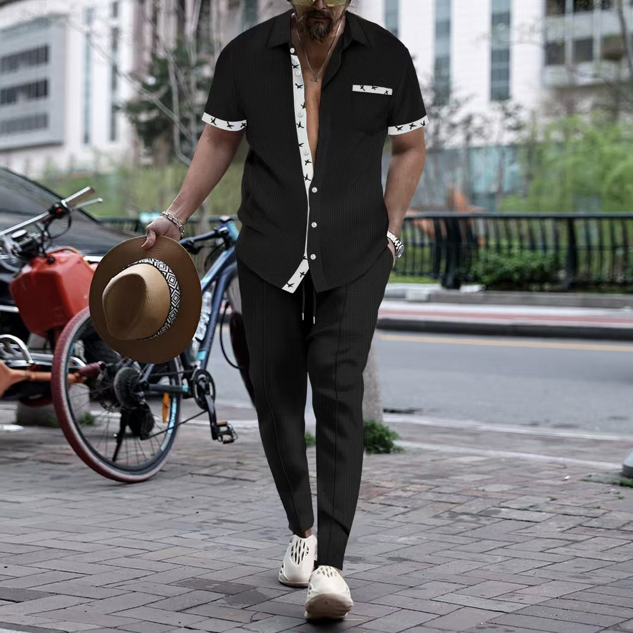 Ensemble deux pièces pour homme – Coupe ample – Coton – Manches courtes – Pantalon à jambe droite – Finitions élégantes