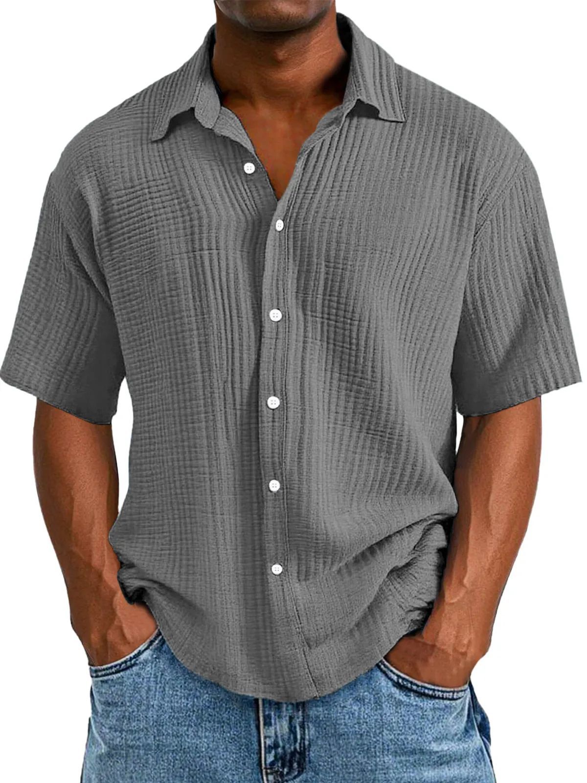 Chemise manches courtes homme – Coupe décontractée – Tissu froissé respirant – Col classique