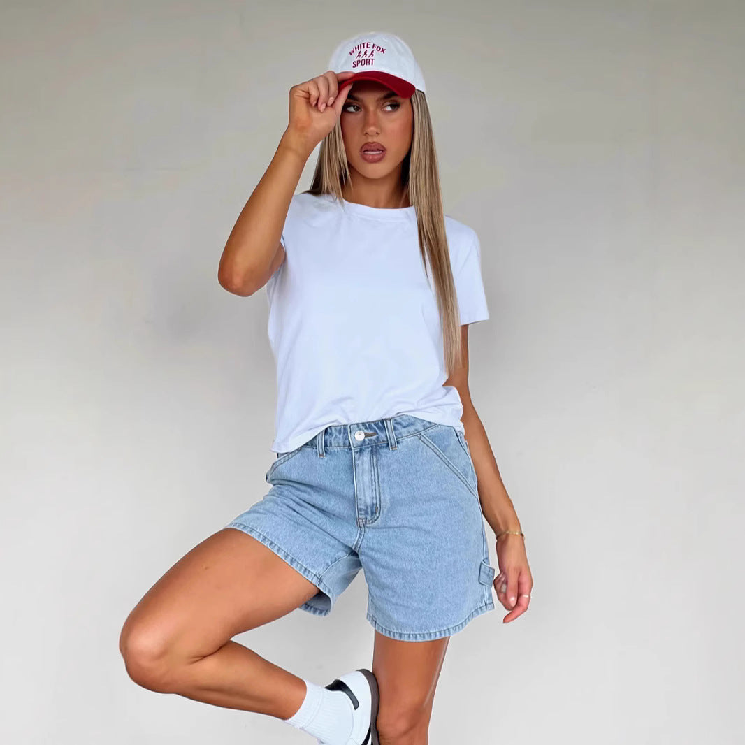 Short en jean femme – Coupe décontractée – Taille mi-haute – 5 poches – Mi-cuisse