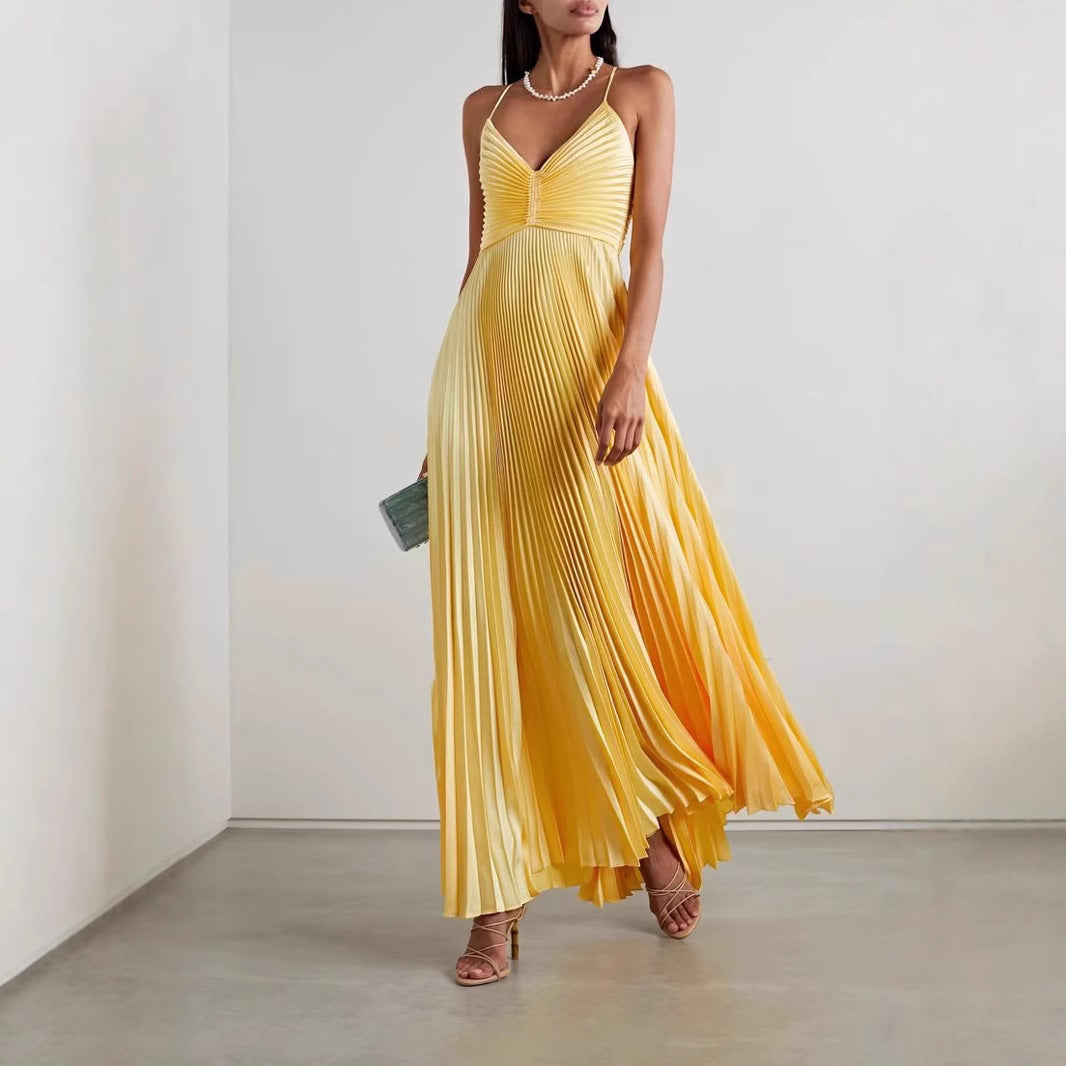 Robe Longue Femme – Décolleté V – Tissu Fluide Plissé – Bretelles Fines Élégantes