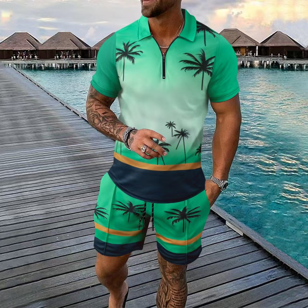 Men's Two-Piece Set – Slim Fit – Zipped Collar – Tropical Print