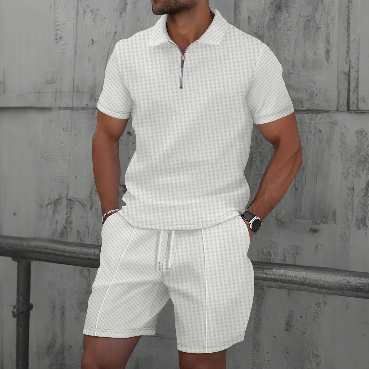 Ensemble polo et short homme – Coton mélangé – Coupe régulière – Col zippé – Manches courtes