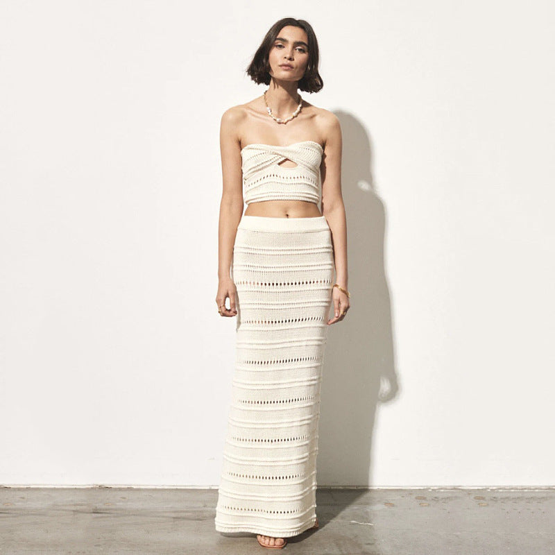 Ensemble Femme Deux Pièces – Haut Bandeau Crochet Croisé – Jupe Midi Taille Haute