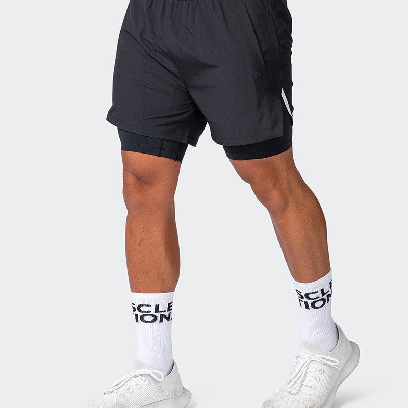 Short de sport homme – Coupe slim – Double couche – Respirant – Soutien extensible