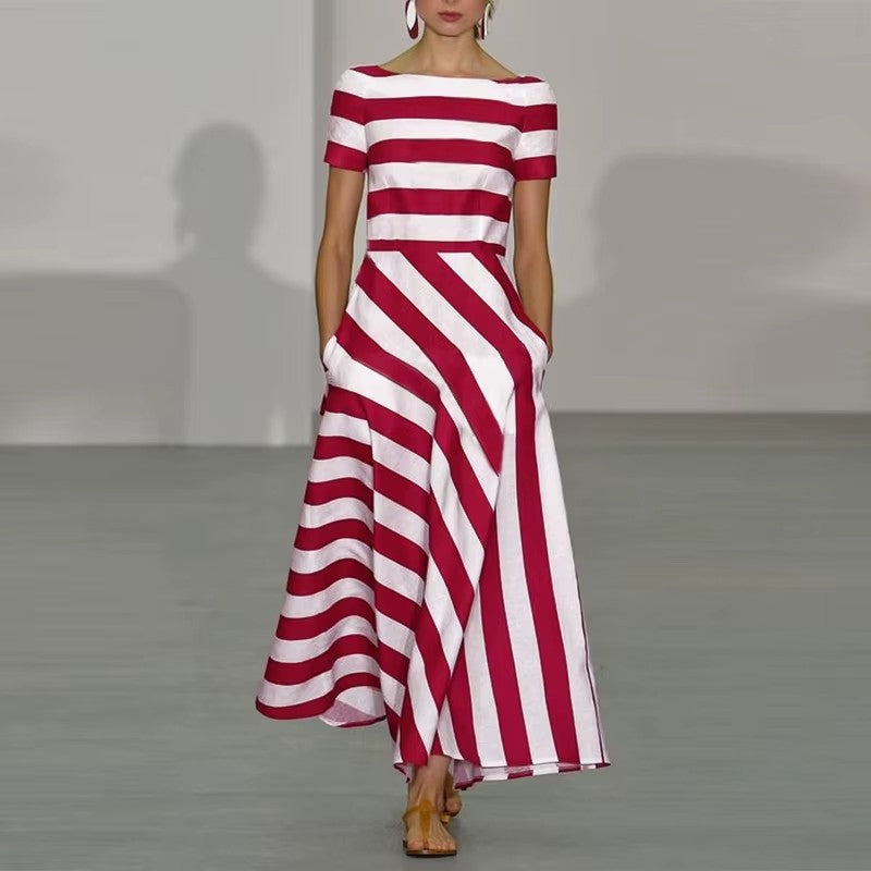 Robe longue femme – Coupe évasée – Rayures graphiques