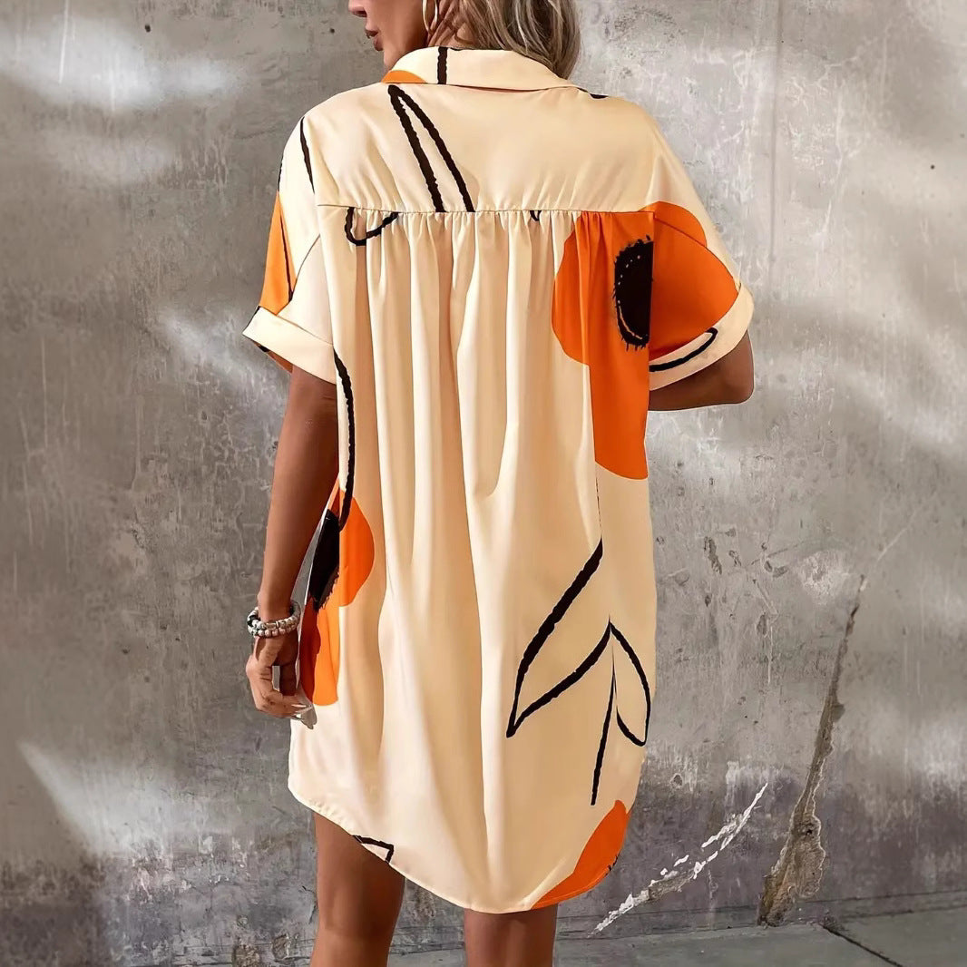 Robe droite femme – Boutonnée – Manches courtes retroussées – Imprimé fleuri – Tissu léger