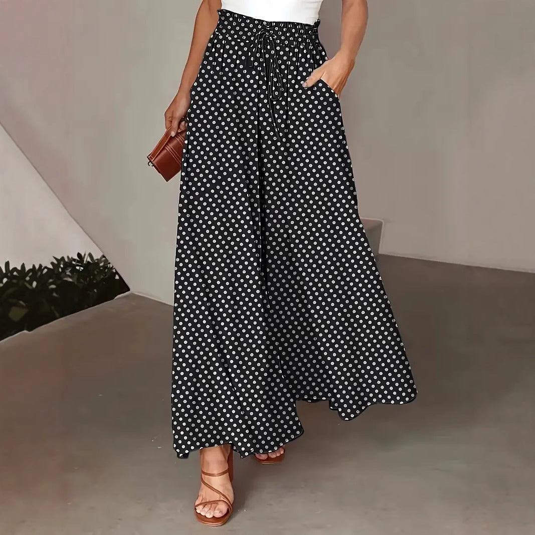 Pantalon large femme – Coupe fluide – Imprimé à pois – Taille cordon – Style décontracté