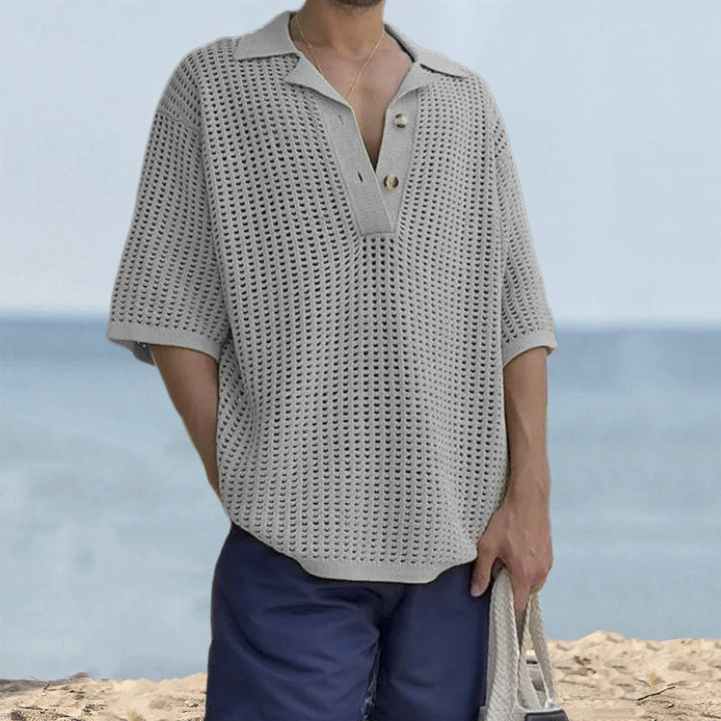 Pull homme – Maille aérée – Coupe oversize – Col à revers – Manches courtes