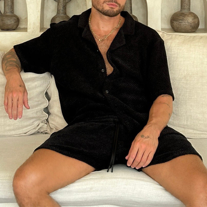 Ensemble Décontracté Homme – Chemise Boutonnée et Short Cordon – Coupe Ample Respirante
