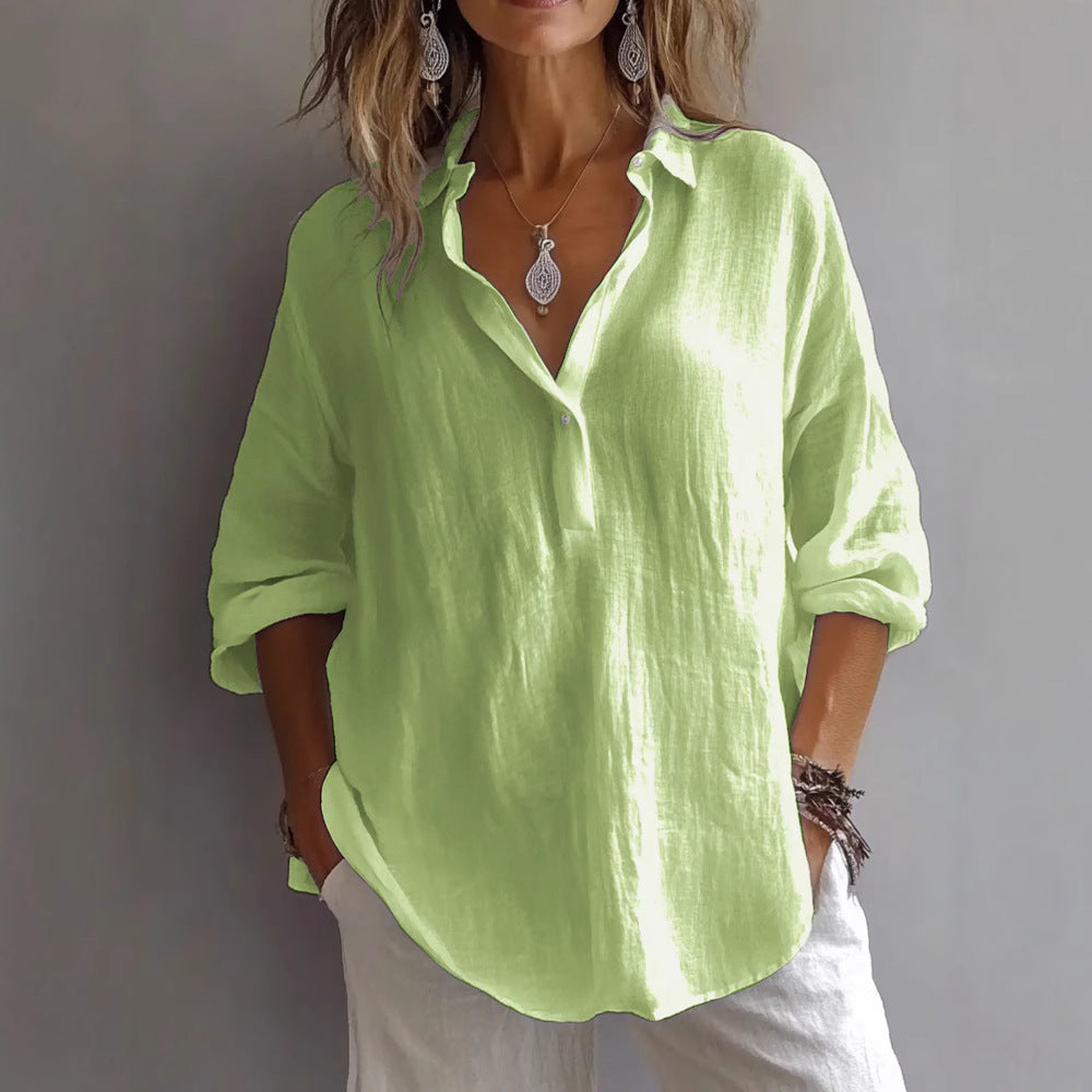 Chemise femme col V – Coupe ample – Manches longues roulées – Fibres naturelles respirantes