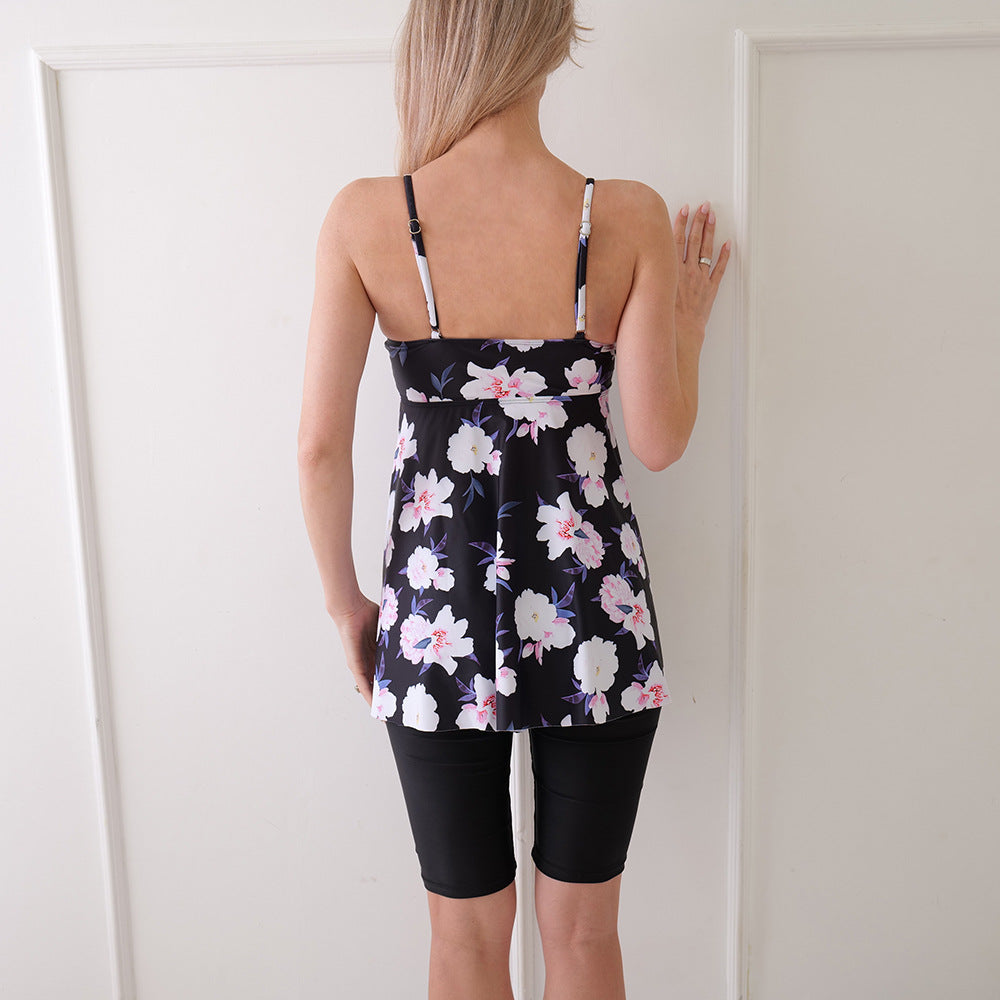 Maillot de bain une pièce pour femme avec short – Coupe évasée – Séchage rapide – Bretelles fines – Imprimé floral