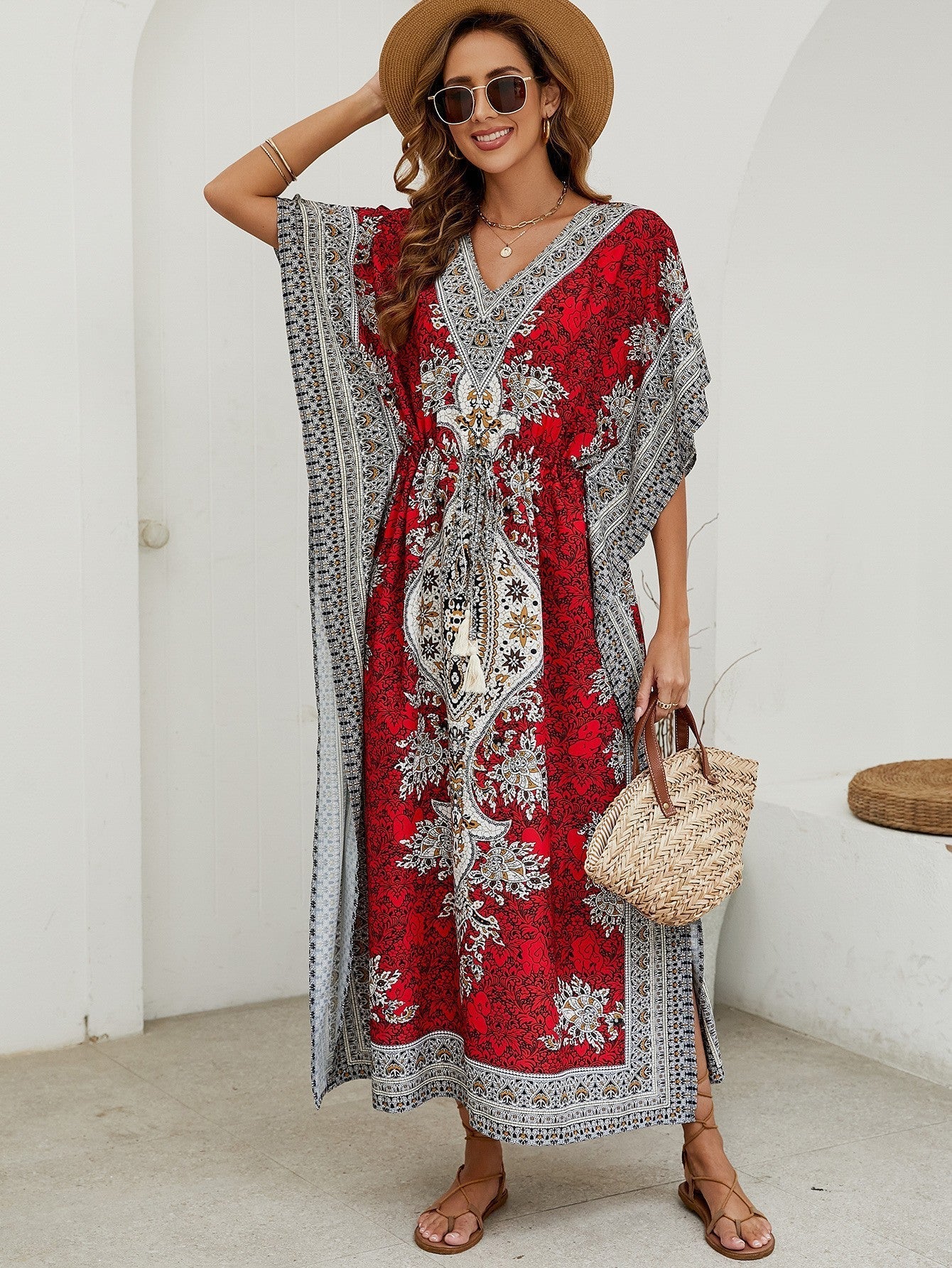Robe longue femme – Tissu respirant – Coupe fluide – Manches courtes larges – Col en V
