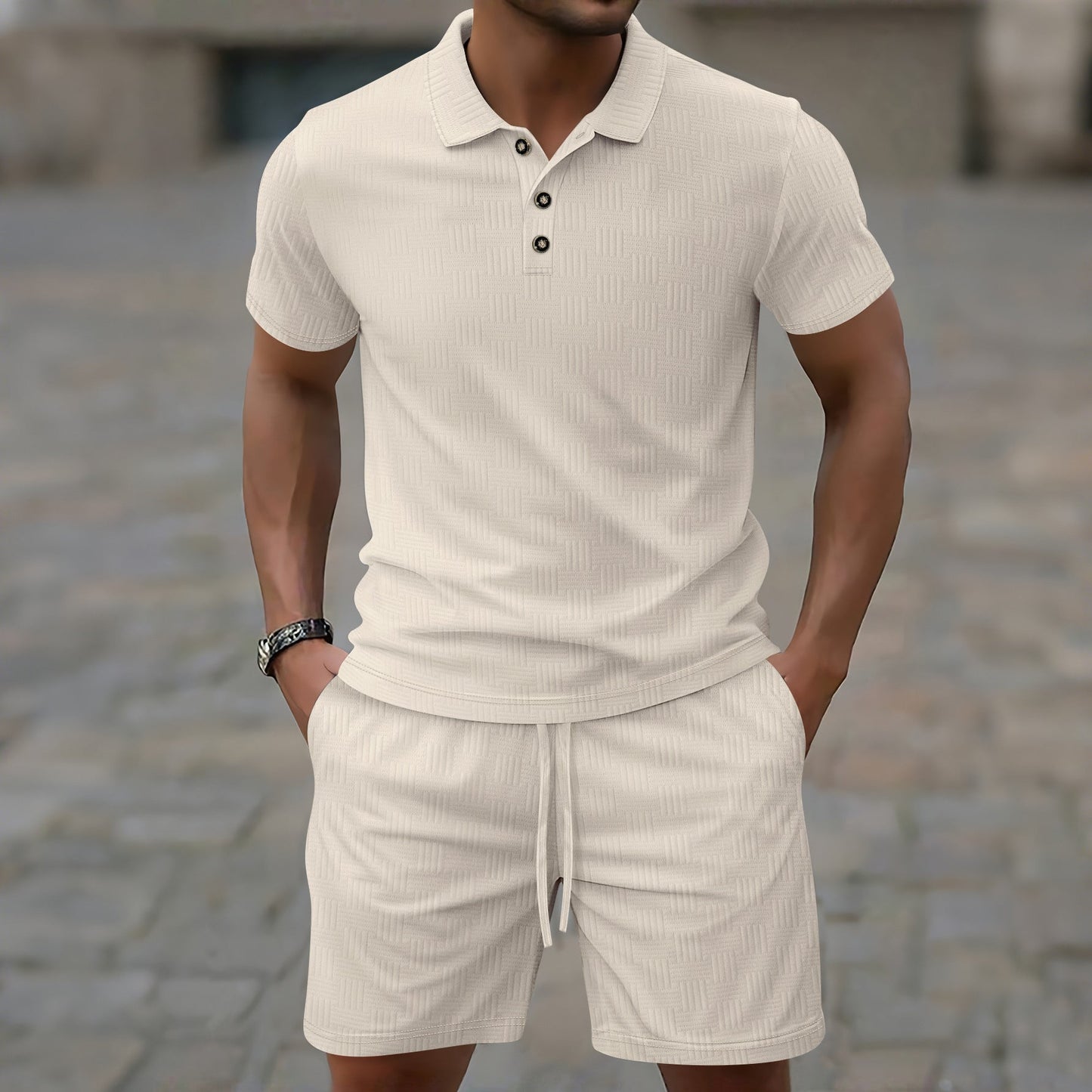 Ensemble décontracté homme – T-shirt à manches courtes – Coupe slim – Motif texturé – Patte boutonnée