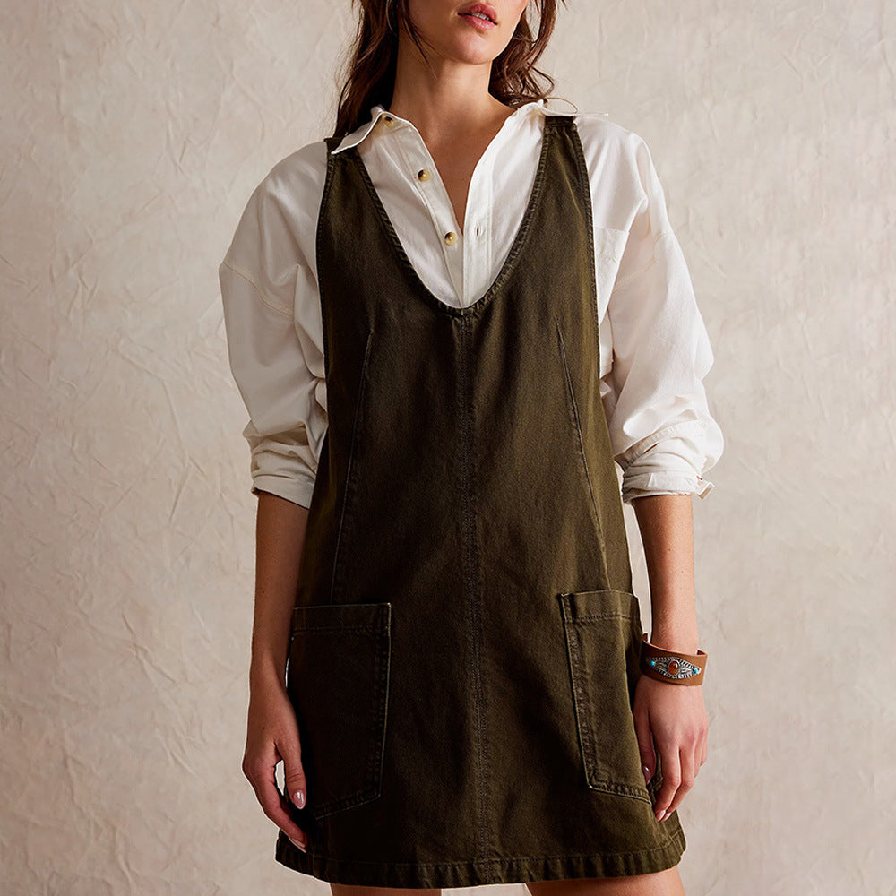 Robe femme courte – Coupe droite décontractée – Sans manches – Fibres naturelles – Poches devant