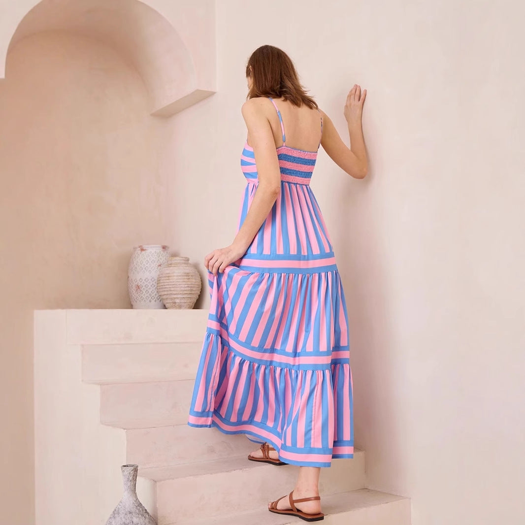 Robe midi femme – Coton – Coupe évasée – Rayures – Bretelles fines – Volants