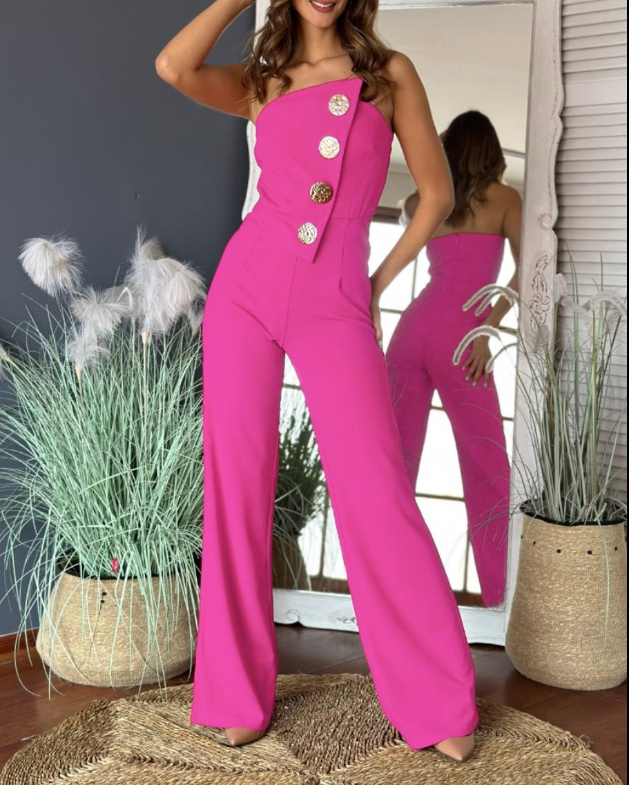 Combinaison femme – Coupe évasée – Col asymétrique – Bustier à boutons décoratifs