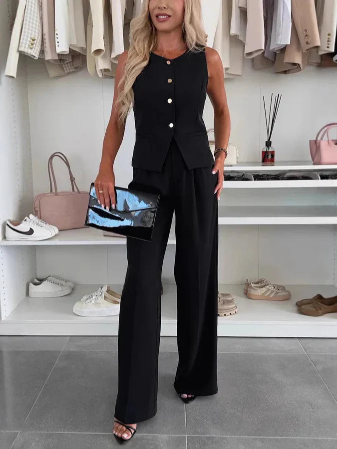 Ensemble Femme Blazer Sans Manches et Pantalon Large – Coupe Ajustée – Taille Haute