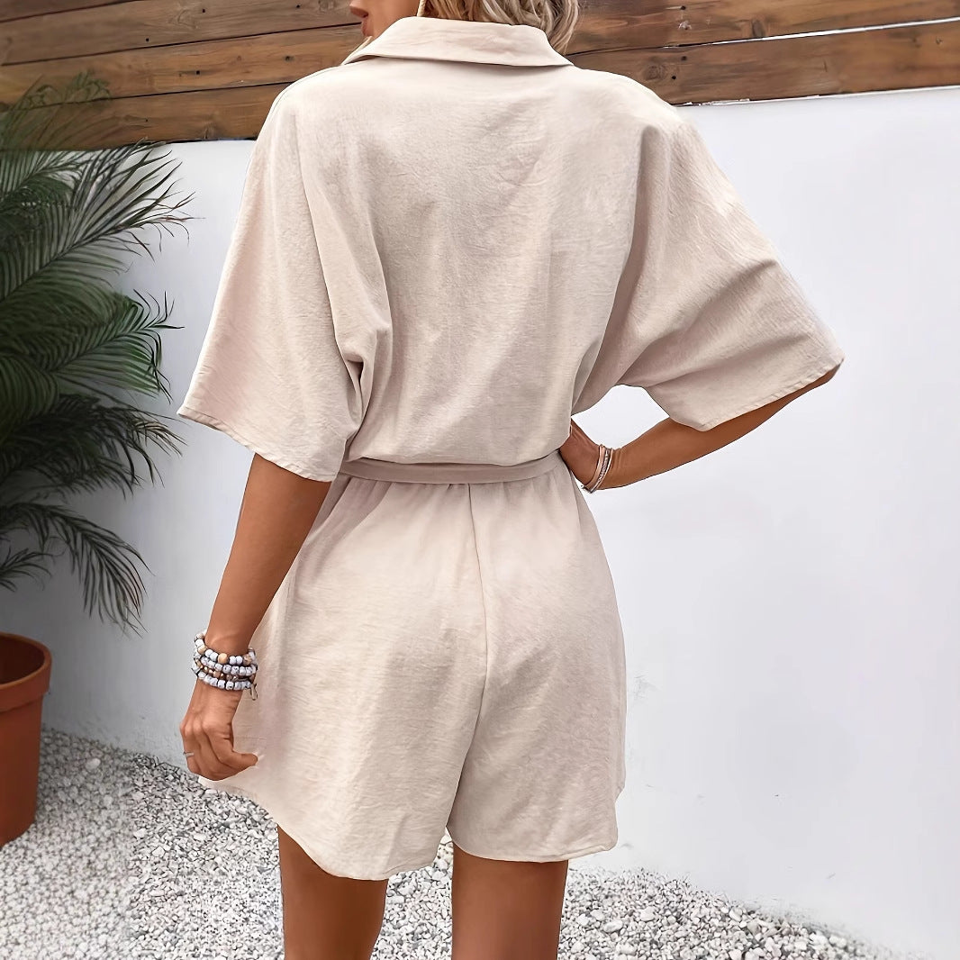Combinaison Femme – Manches Courtes – Boutonnée – Taille Ceinturée – Tissu Léger