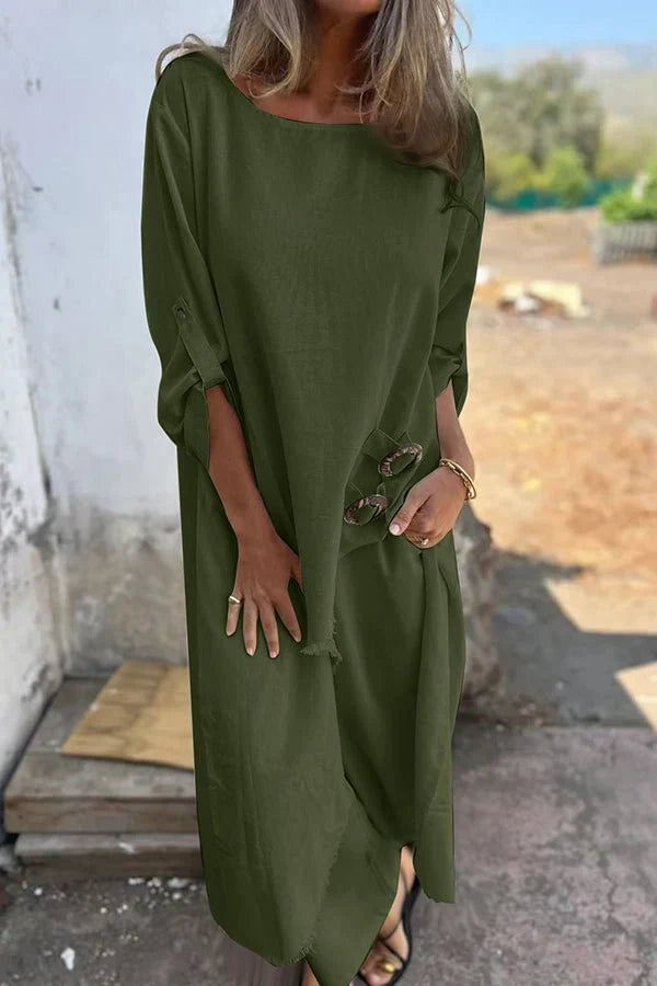 Robe femme – Coupe oversize – Longue – Manches longues – Tissu doux façon coton – Boutons côté