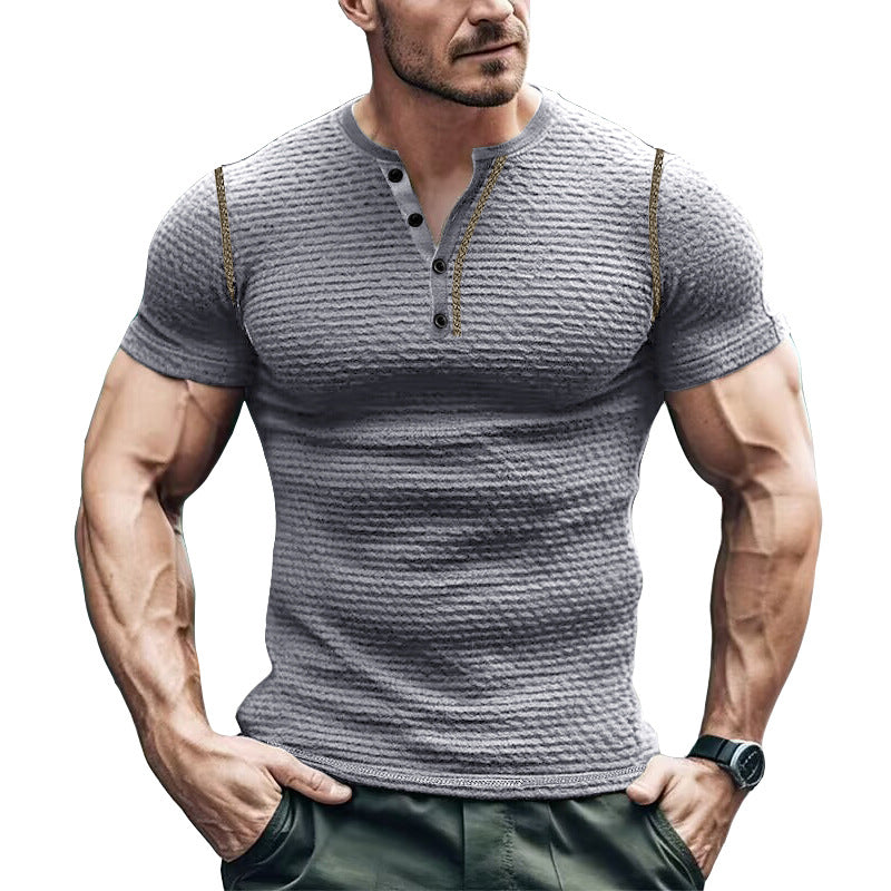 T-shirt Henley homme – Coupe ajustée – Maille gaufrée respirante – Manches courtes