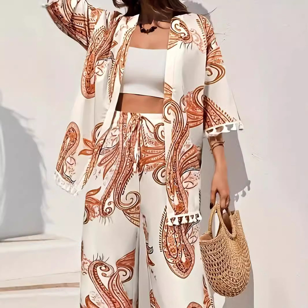 Ensemble kimono femme – Coupe ample – Pantalon large – Finition à franges – Tissu respirant