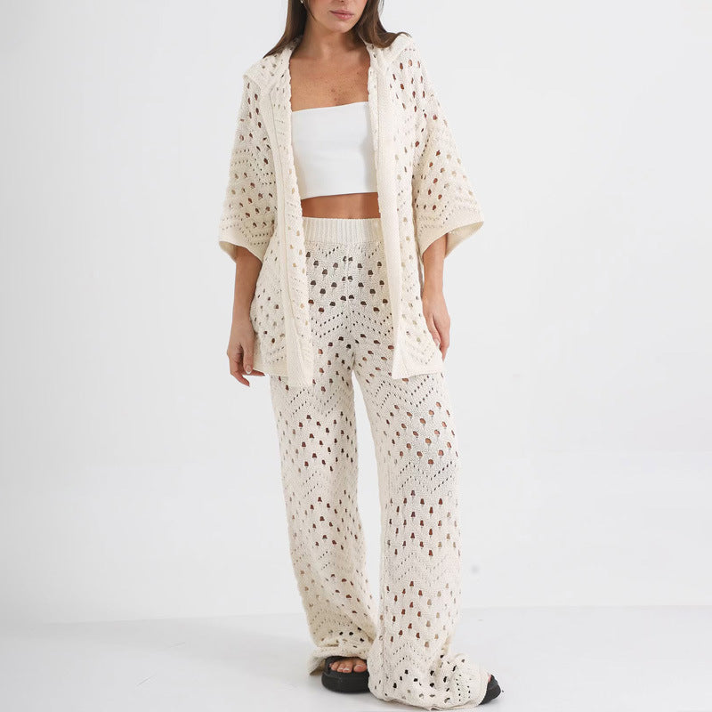 Ensemble femme deux pièces en maille – coupe ample – pantalon taille haute jambes larges