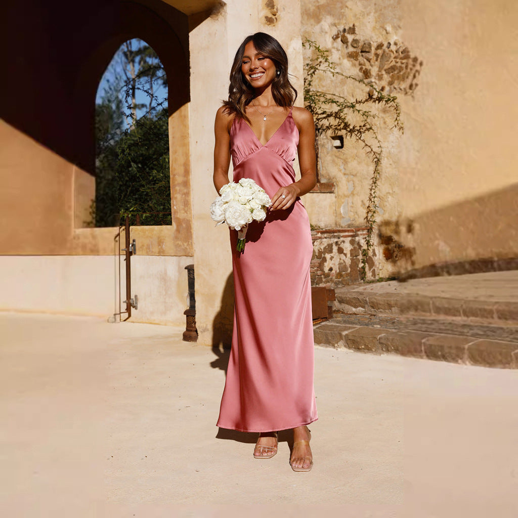 Robe de soirée femme – Satin lisse – Fendue – Sans manches – Dos nu – Décolleté V
